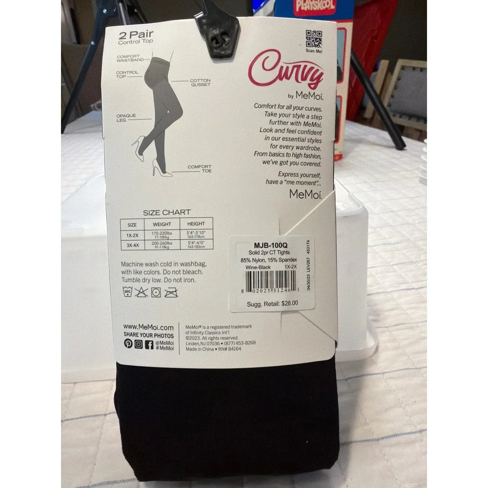 MeMoi Curvy Control Top Opaque Tights 2 Pair Wine Black 1X-2X MJB-100Q
